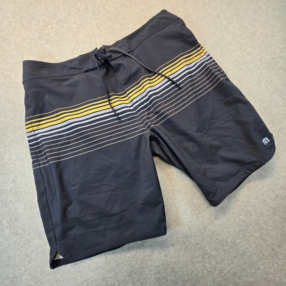 TravisMathew Mens Board Shorts Navy Blue Yellow Striped Swim‎ Trunks Size 38